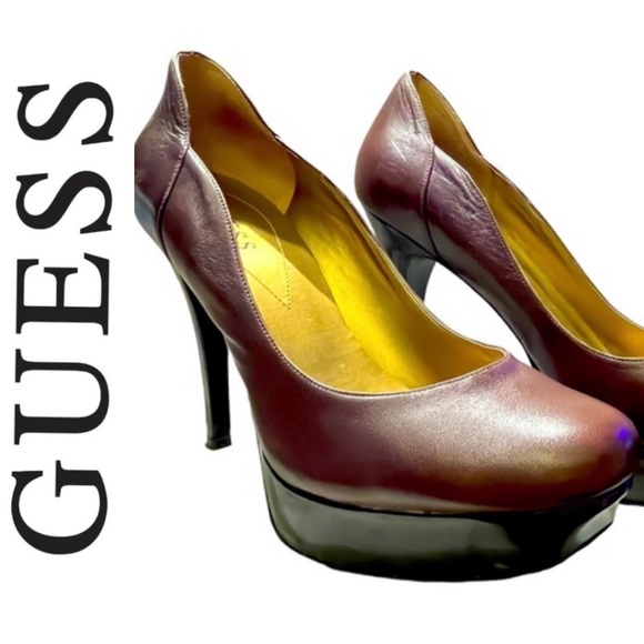 #32 GUESS Dark Brown Vegan Leather Platform Heels w/ Faux Leather Sz 10 EUC - Picture 11 of 16